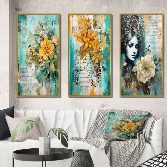 Designart "Vintage Art Yellow Rose in Blossom" Rose Framed Wall Art Set Of 3 - Blue Traditional Frame Canvas Set For Living Room Decor
