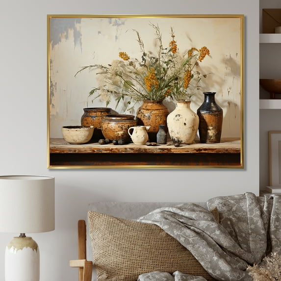 Designart "Vintage Artifacts of Floral Pottery in Brown" Geometric Framed Wall Art - Bohemian Brown Boho Pottery Living Room Framed Canvas Art