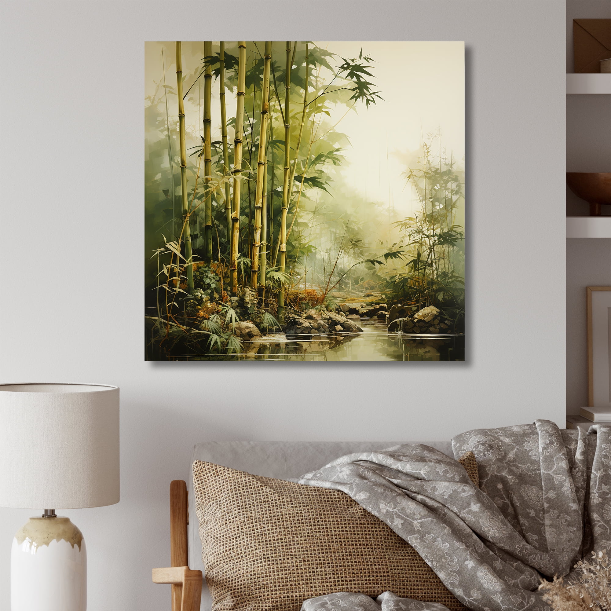 Vintage Green Bamboo Jungle Scene Canvas Wall Art