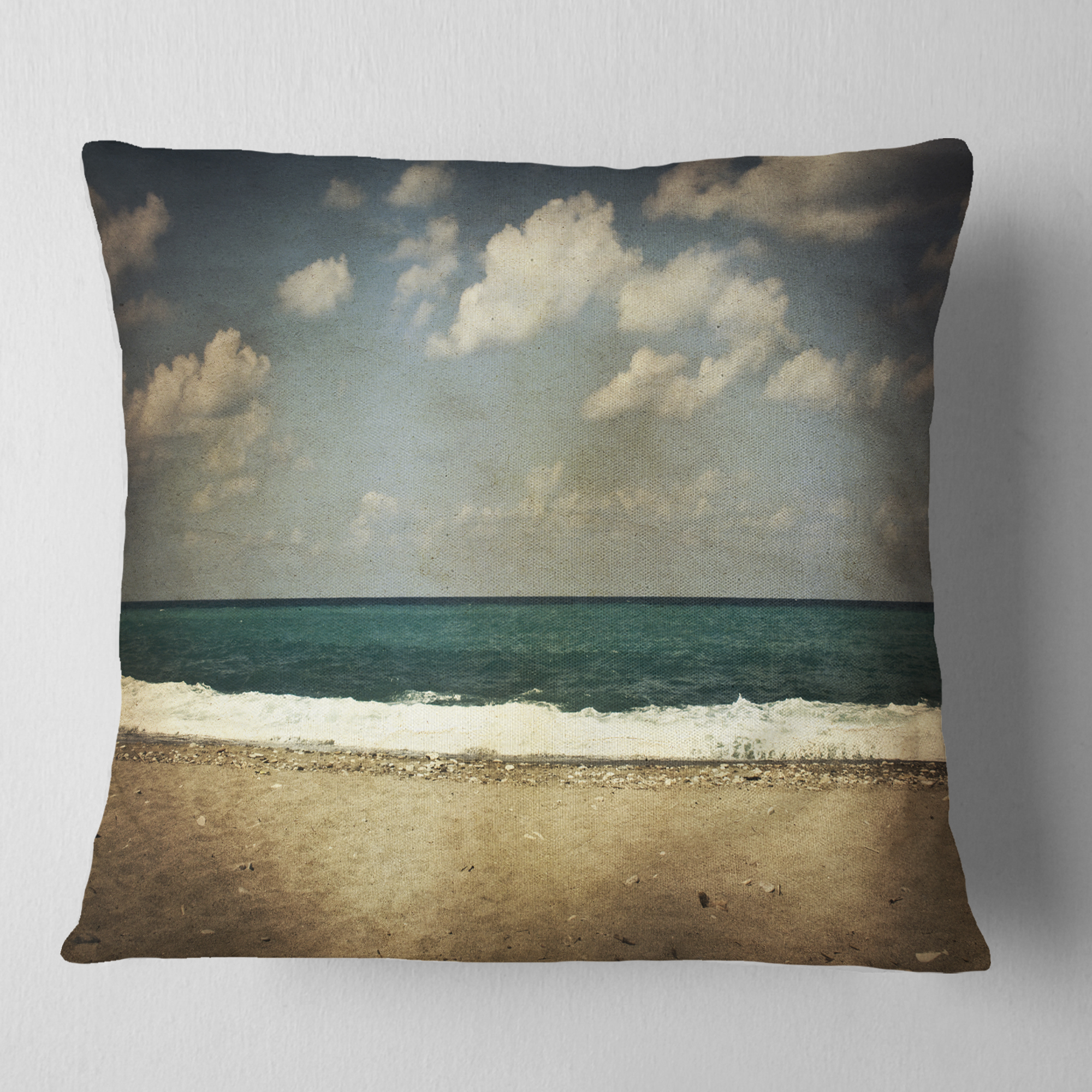 Designart Vintage Beach with Heavy Clouds - Seashore Throw Pillow - 18x18