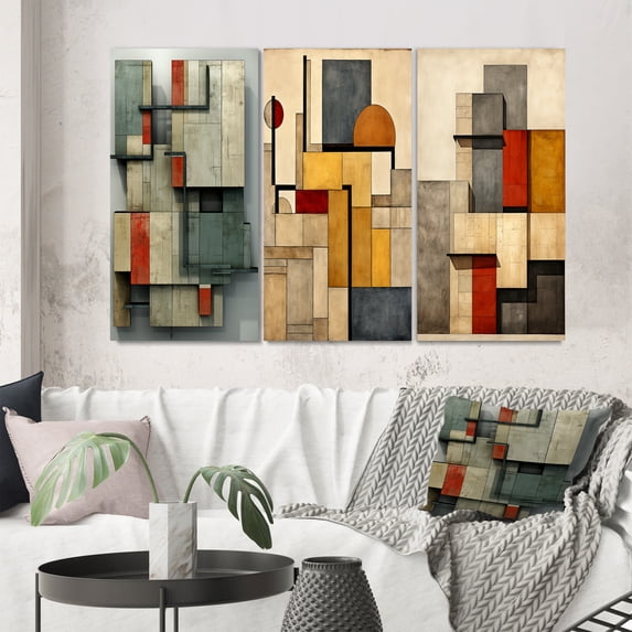 Designart "Vintage Beauty Abstract Simplicity III" Modern Geometric Wall Art Set Of 3 - Abstract Geometric Red Gallery Wall Set For Home Decor