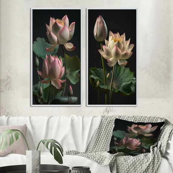 Designart "Vintage Beauty of Blossoming White Lotus III" Lotus Framed Wall Art Set Of 2 - Modern Pink Framed Wall Art Set Of 2