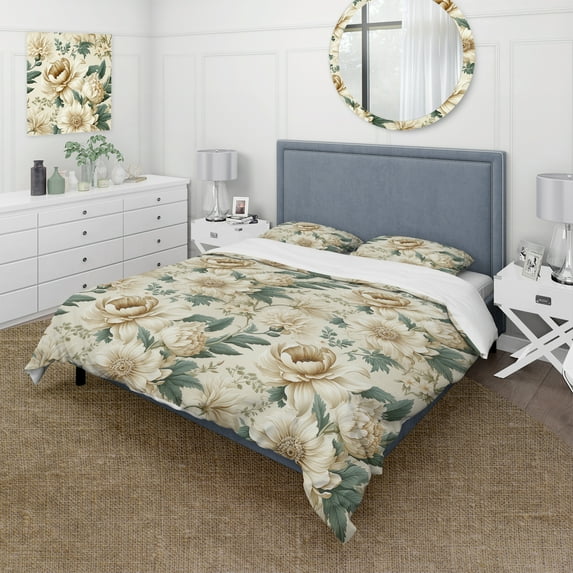 Designart "Vintage Beige Elegance" Floral Bedding Covert Set - Cottage Bed Set With 1 Sham