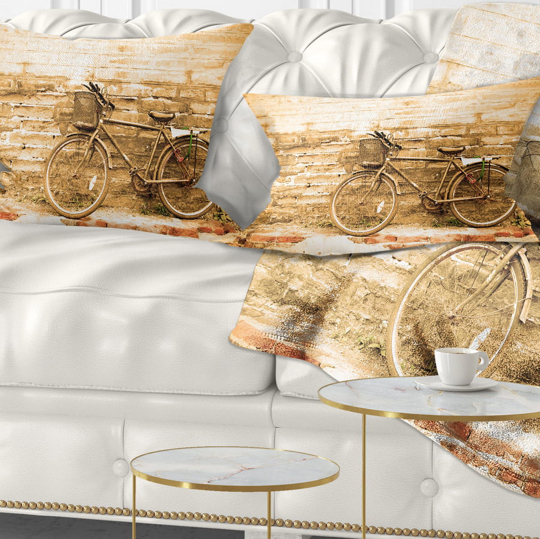 Designart Vintage Bicycle against Brown Wall - Landscape Printed Throw Pillow - 12x20