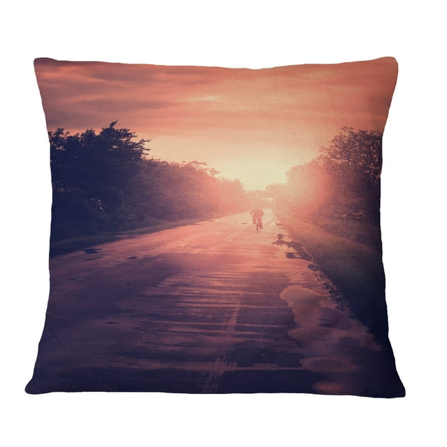 Designart Vintage Biker at Sunset - Modern Landscape Printed Throw Pillow - 16x16