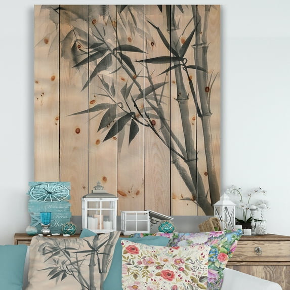 Designart 'Vintage Black and White Bamboo I' Traditional Print on Natural Pine Wood