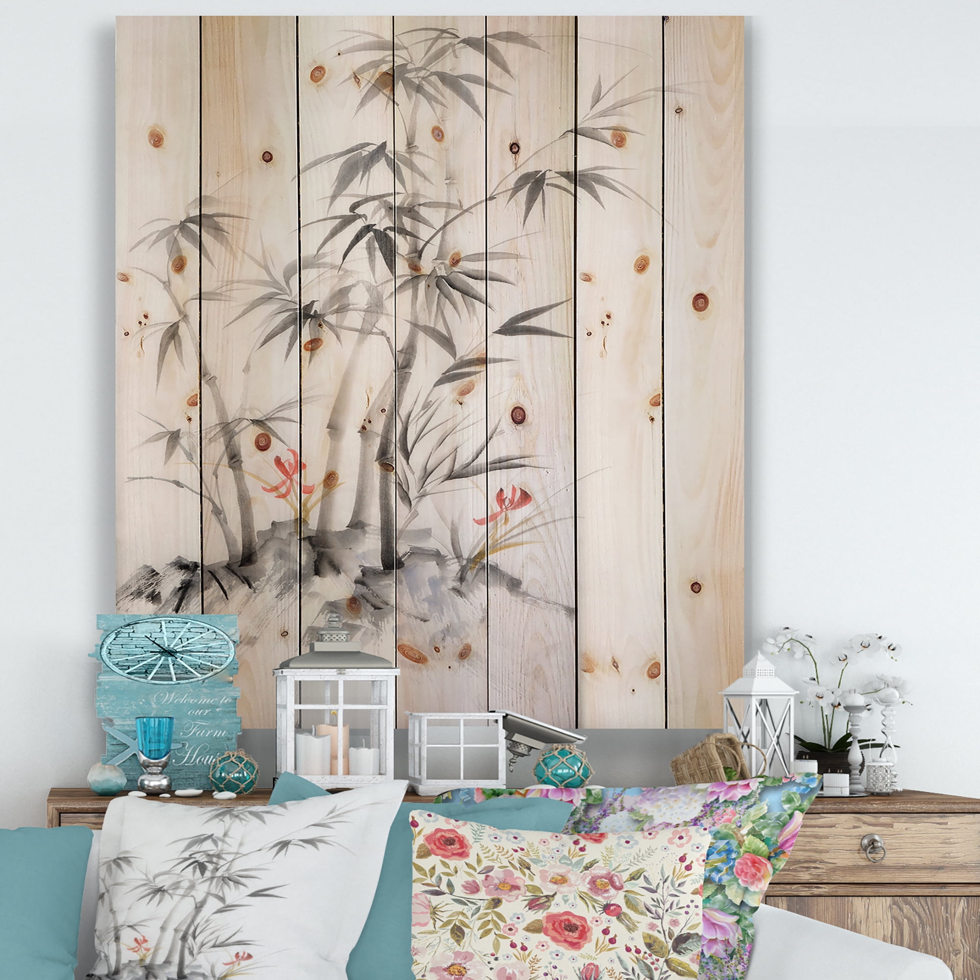 Designart 'Vintage Black and White Bamboo III' Traditional Print on Natural Pine Wood