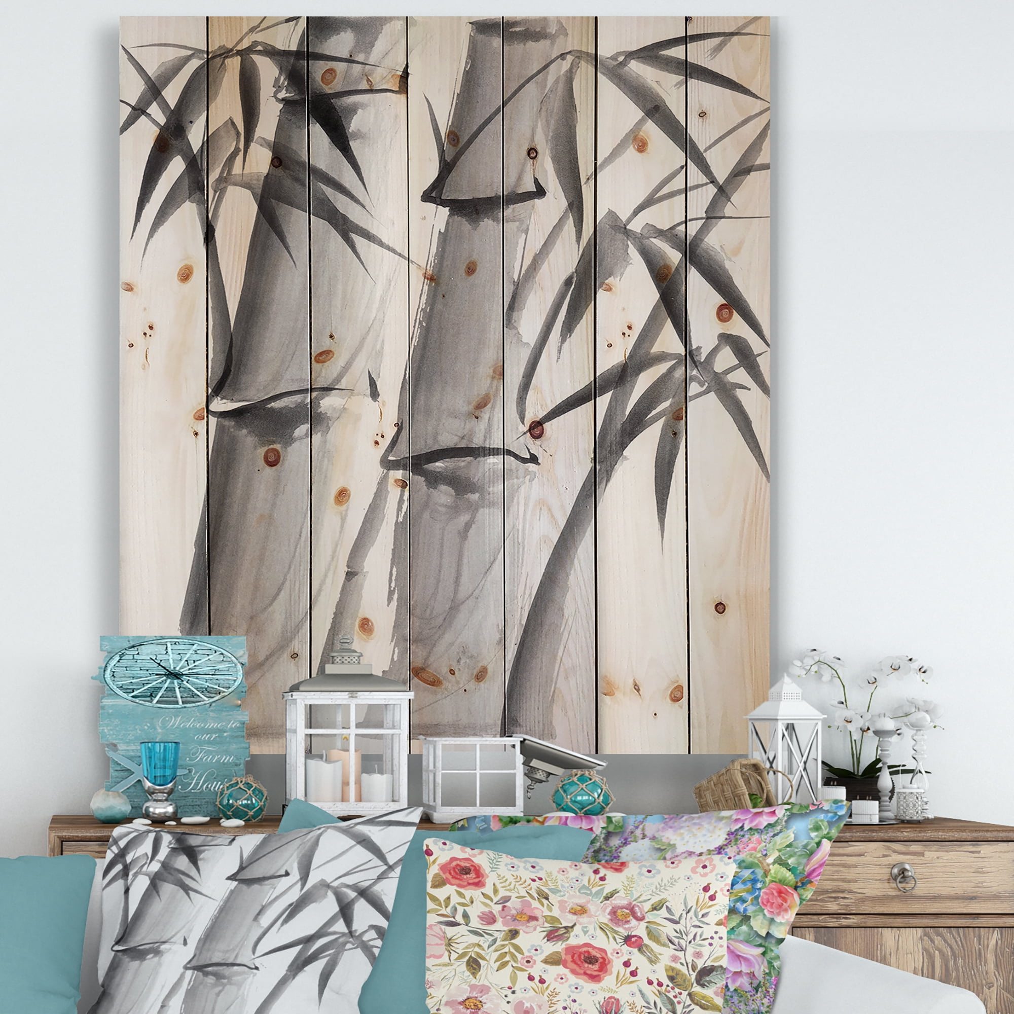 Designart 'Vintage Black and White Bamboo IV' Traditional Print on Natural Pine Wood