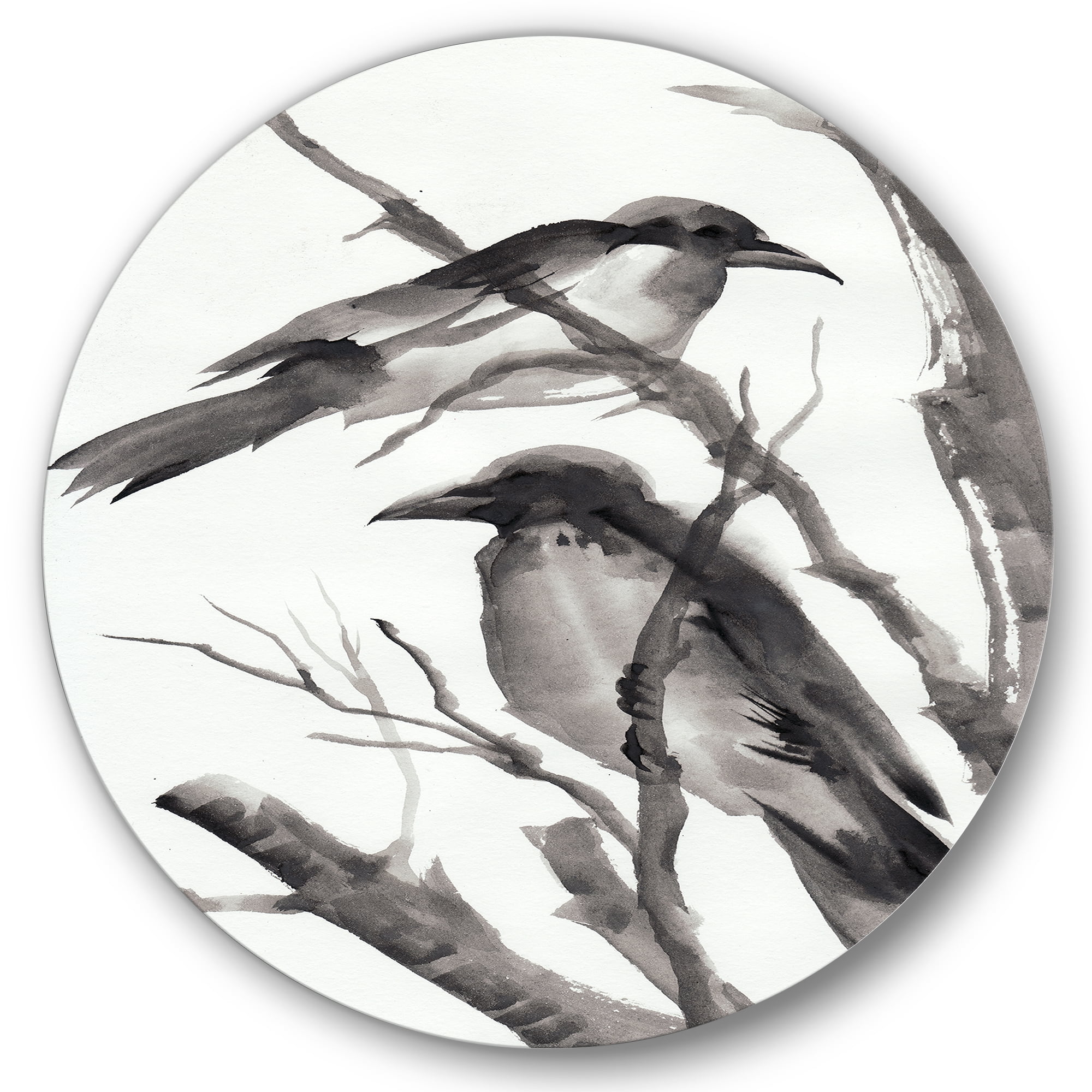 Designart 'Vintage Black and White Sleeping Crows' Traditional Circle Metal Wall Art 29x29 - Disc of 29