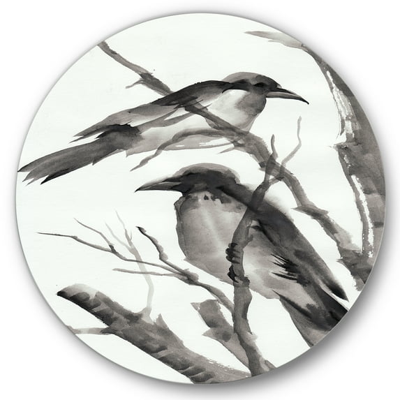 Designart 'Vintage Black and White Sleeping Crows' Traditional Circle Metal Wall Art 29x29 - Disc of 29