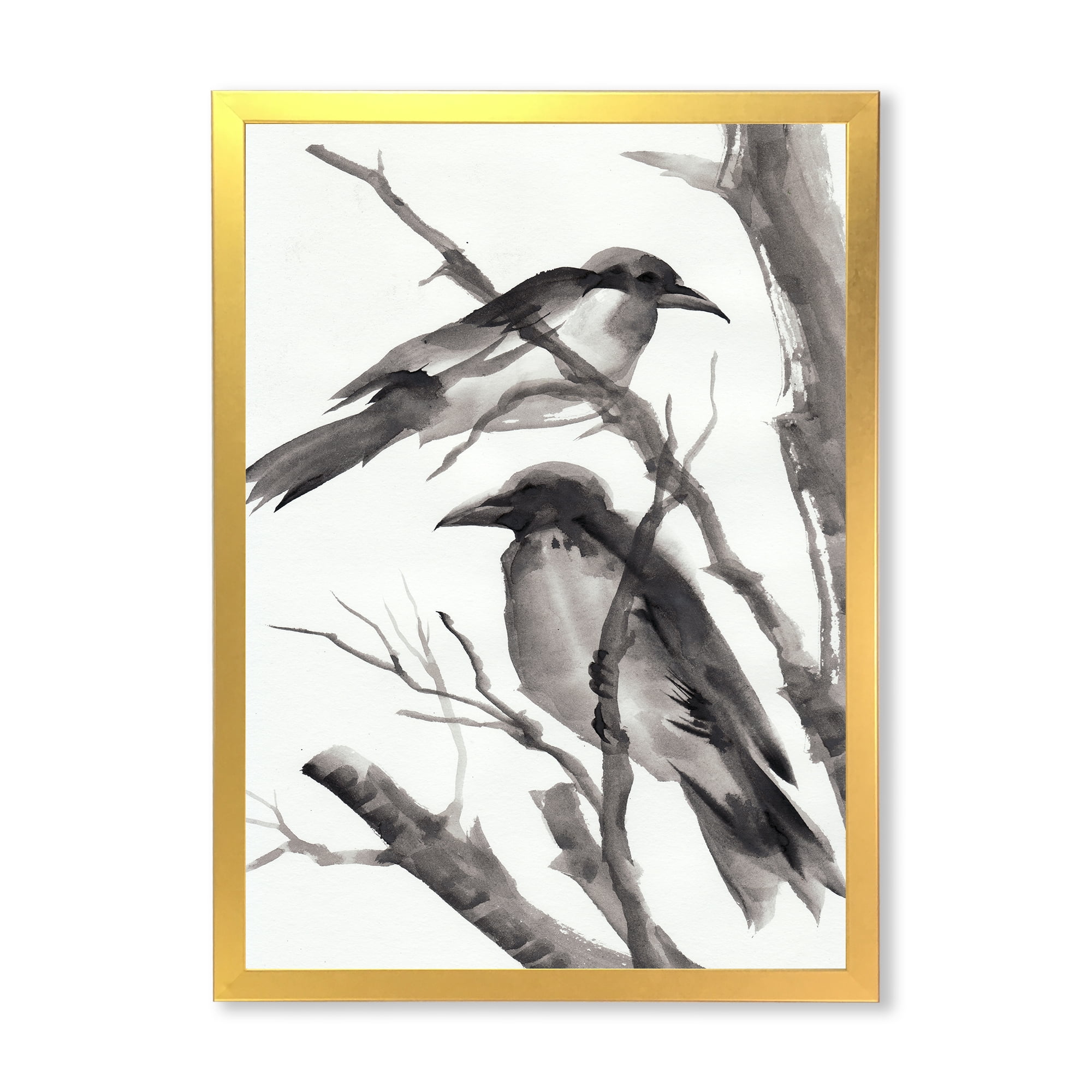 Designart 'Vintage Black and White Sleeping Crows' Traditional Framed Art Print