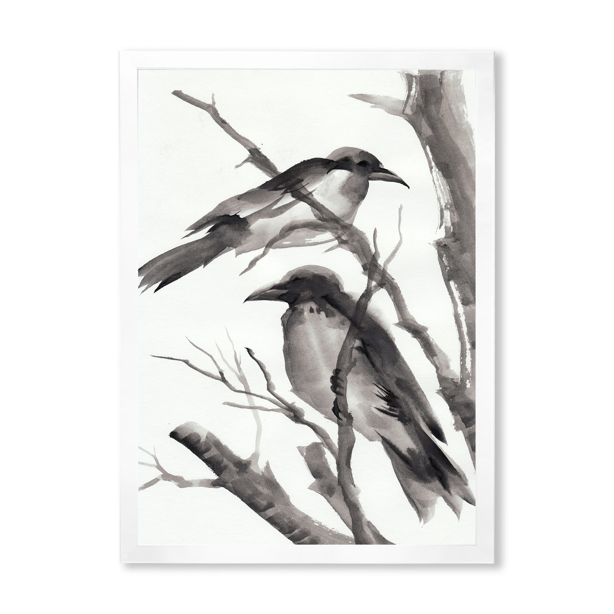 Designart 'Vintage Black and White Sleeping Crows' Traditional Framed Art Print