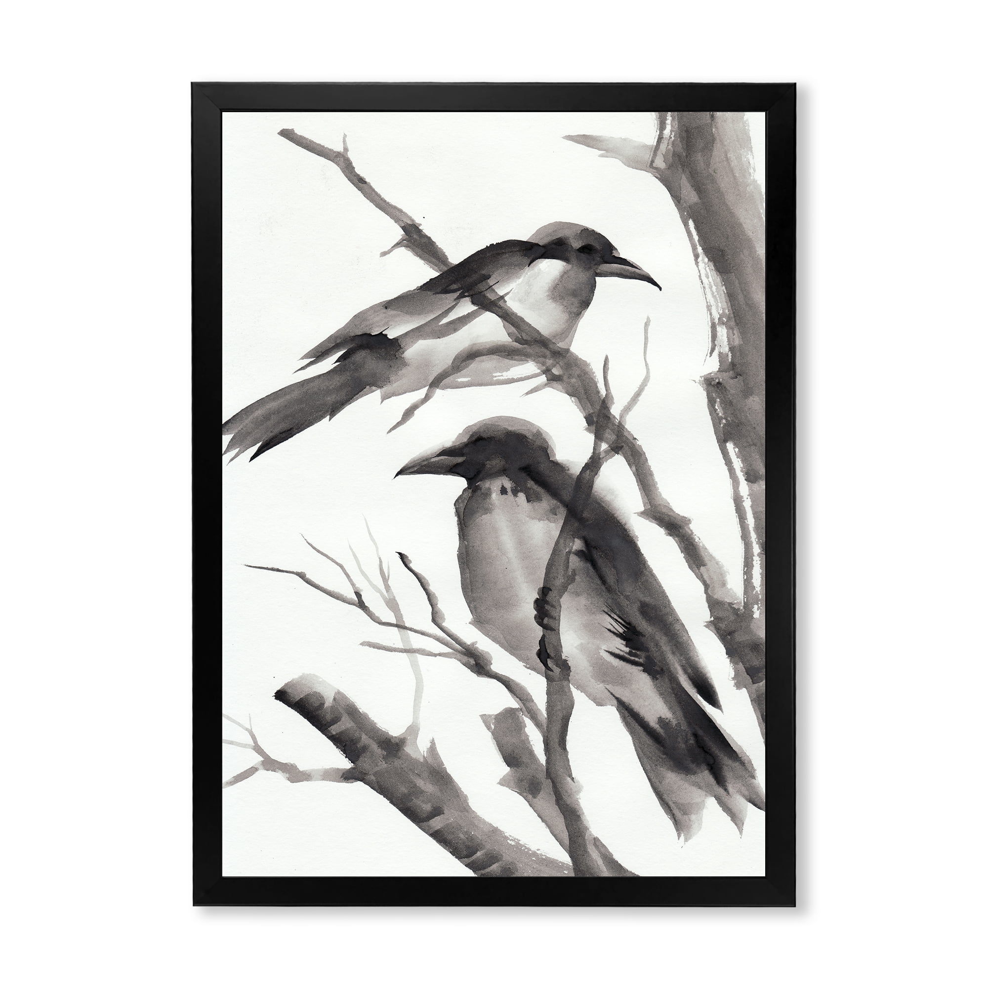 Designart 'Vintage Black and White Sleeping Crows' Traditional Framed Art Print