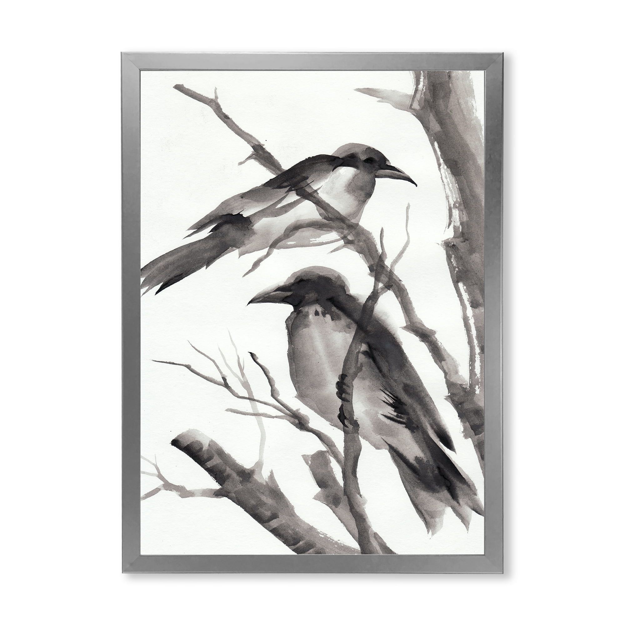 Designart 'Vintage Black and White Sleeping Crows' Traditional Framed Art Print