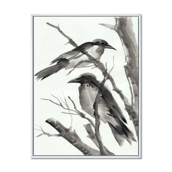 Designart 'Vintage Black and White Sleeping Crows' Traditional Framed Canvas Wall Art Print