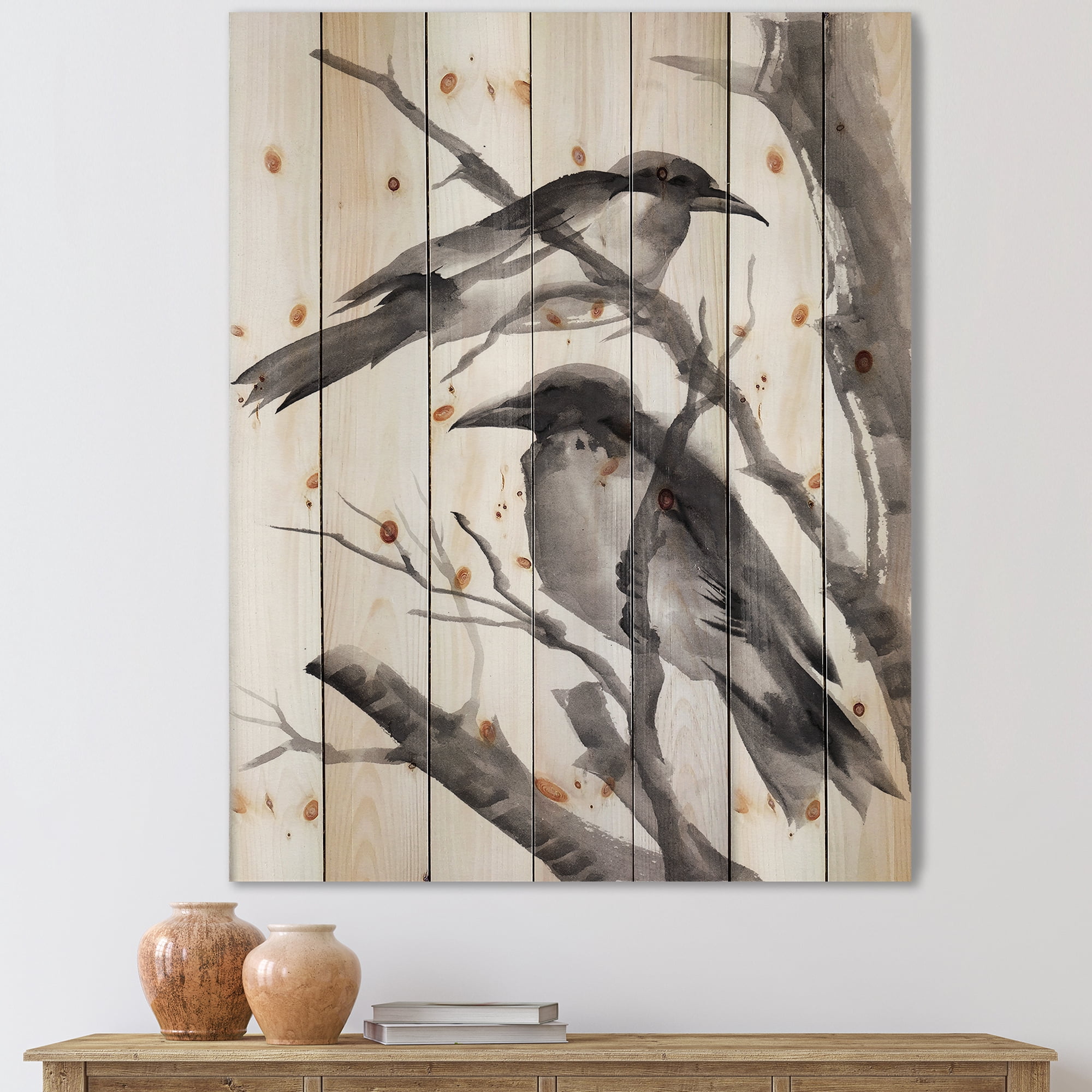 Designart 'Vintage Black and White Sleeping Crows' Traditional Print on Natural Pine Wood