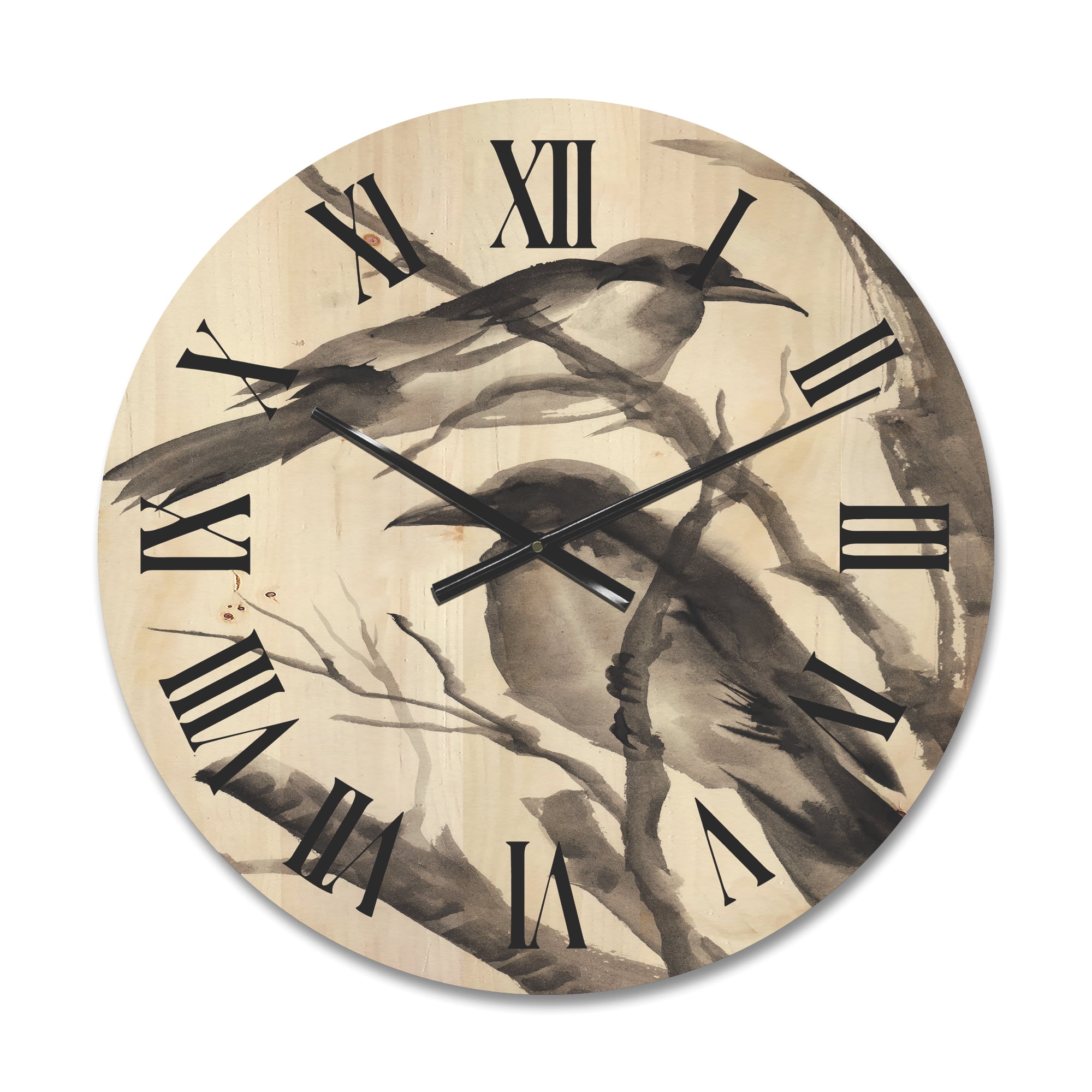 Designart 'Vintage Black and White Sleeping Crows' Traditional Wood Wall Clock