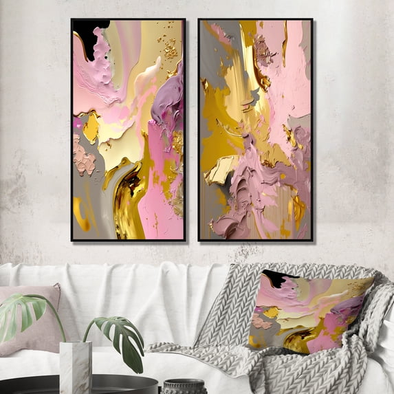 Designart "Vintage Bliss Retro Pink and Gold II" Abstract Collages Framed Wall Art Set Of 2 - Transitional Gold Framed Wall Art Set Of 2