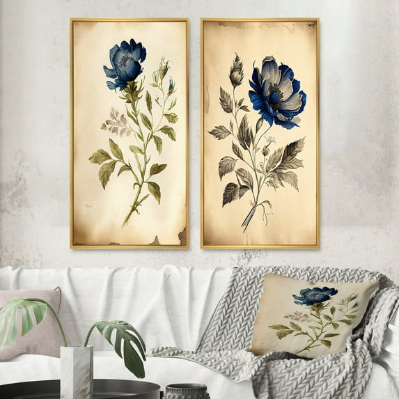 Designart "Vintage Blue Flower in Full Bloom III" Floral Framed Wall Art Set Of 2 - Traditional Blue Gallery Wall Frame Set For Home Decor