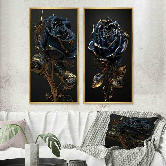 Designart "Vintage Blue Golden Rose I" Floral Rose Framed Wall Art Set Of 2 - Traditional Blue Framed Canvas Set For Living Room Decor