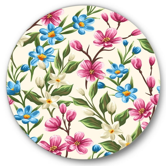 Designart 'Vintage Blue and Pink Wildflowers' Traditional Circle Metal Wall Art 36x36 - Disc of 36