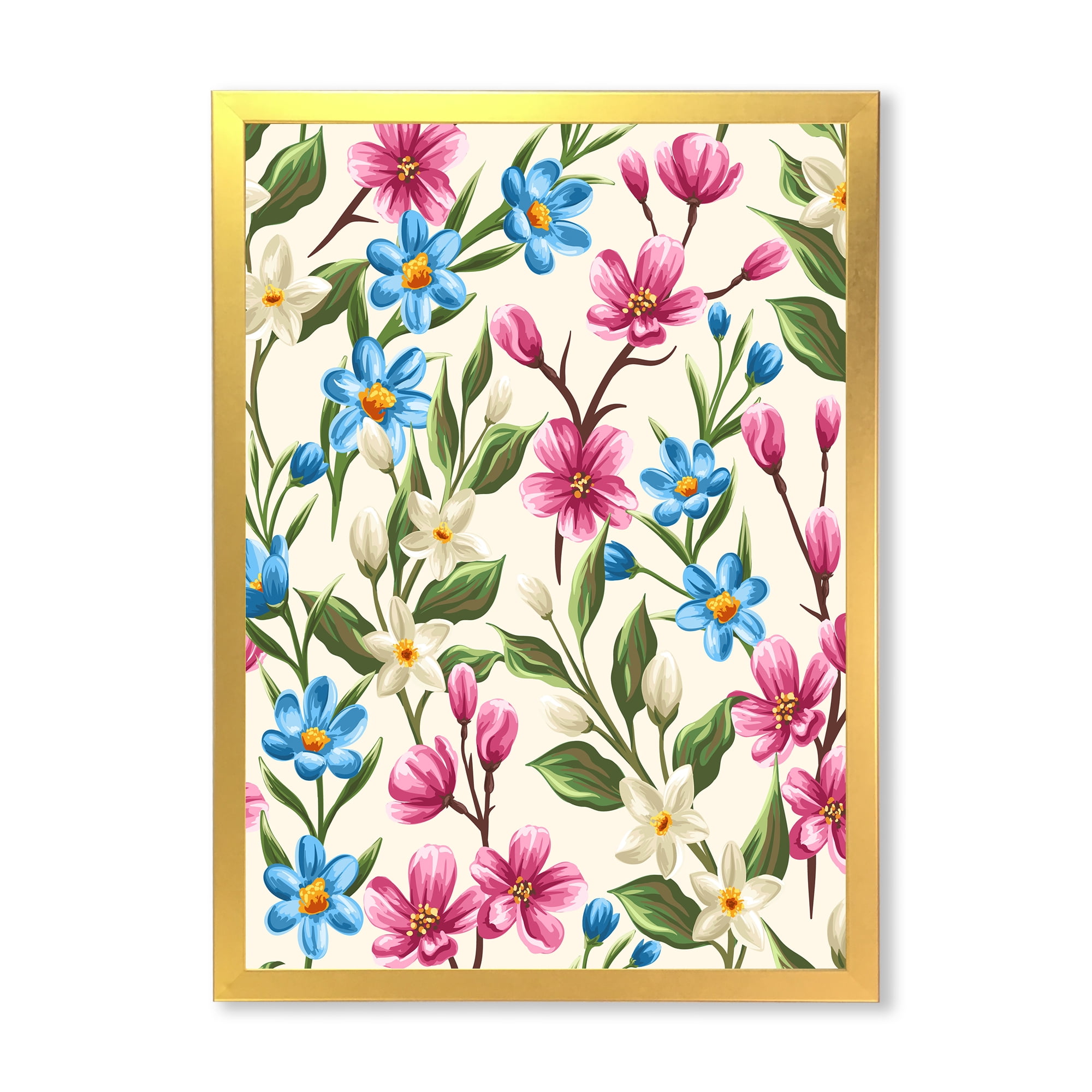 Designart 'Vintage Blue and Pink Wildflowers' Traditional Framed Art Print
