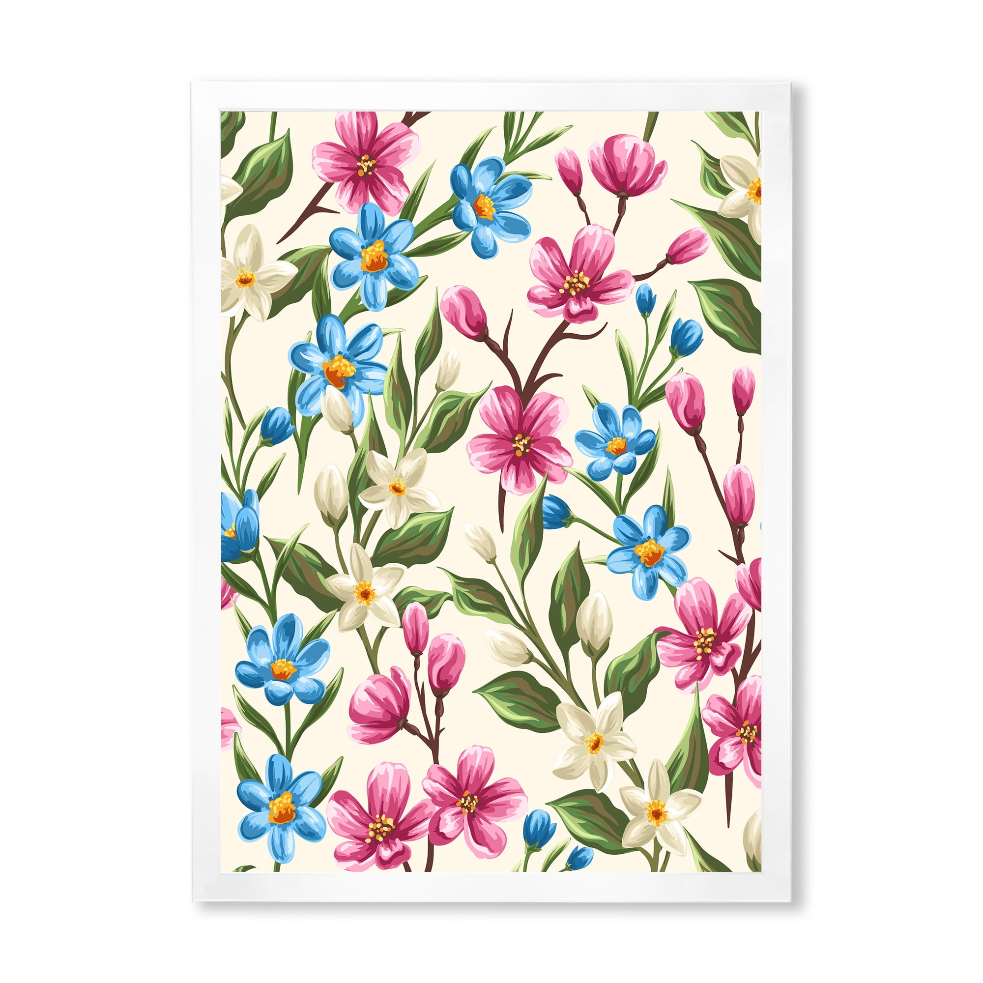 Designart 'Vintage Blue and Pink Wildflowers' Traditional Framed Art Print