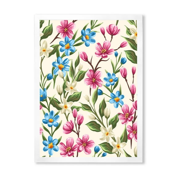 Designart 'Vintage Blue and Pink Wildflowers' Traditional Framed Art Print