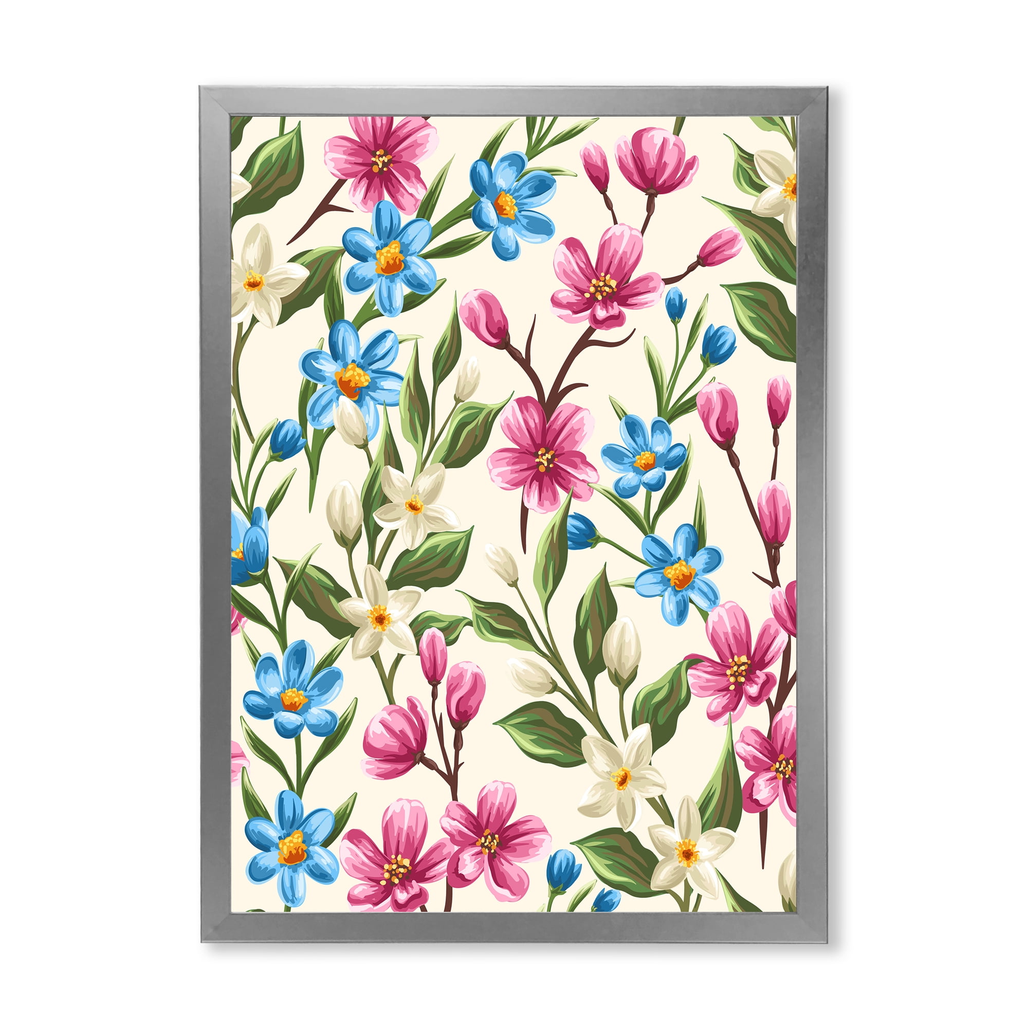 Designart 'Vintage Blue and Pink Wildflowers' Traditional Framed Art Print