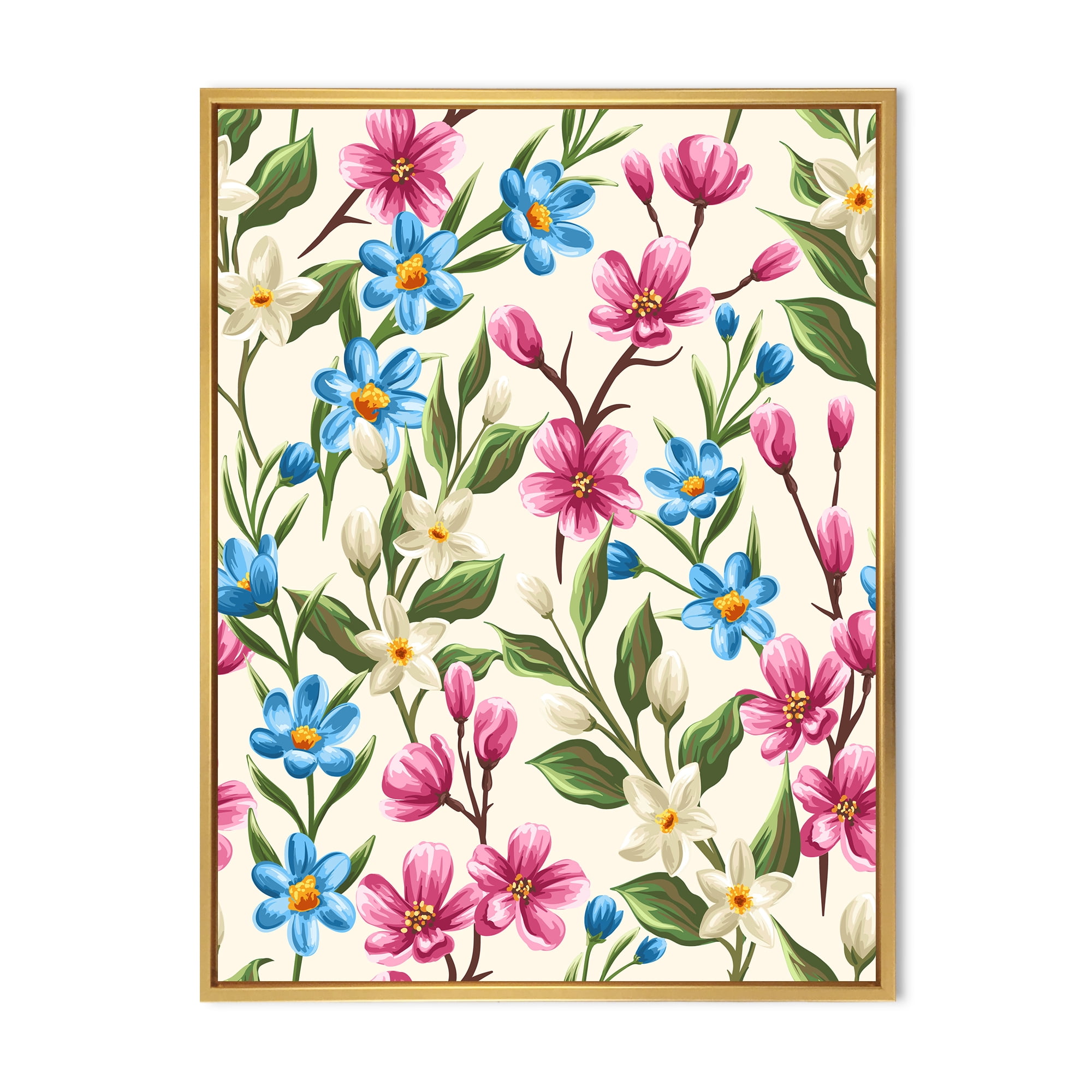 Designart 'Vintage Blue and Pink Wildflowers' Traditional Framed Canvas Wall Art Print