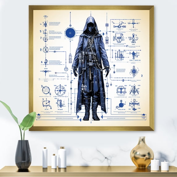 Designart "Vintage Blueprint of Wizards I" Abstract Framed Wall Art Decor - Modern Blue Witches Entryway Framed Wall Art