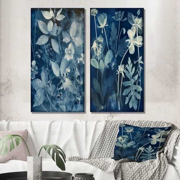 Designart "Vintage Botanicals Faded Blue Wildflowers II" Abstract Botanicals Wall Art Set Of 2 - Modern Blue Gallery Set For Office Decor
