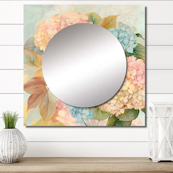 Designart "Vintage Bouquet of Hydrangeas In Timeless Pastels" Hydrangea Square Mirror Wall Decor Traditional - Large Pink Square Bathroom Mirror - Square Printed Wall Mirror Art