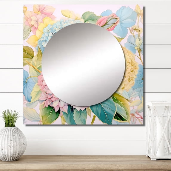 Designart "Vintage Bouquet of Hydrangeas In Timeless Pastels III" Hydrangea Pink Large Square Mirror - Square Bedroom Mirror Printed Wall Decor - Traditional Square Printed Wall Mirror Art