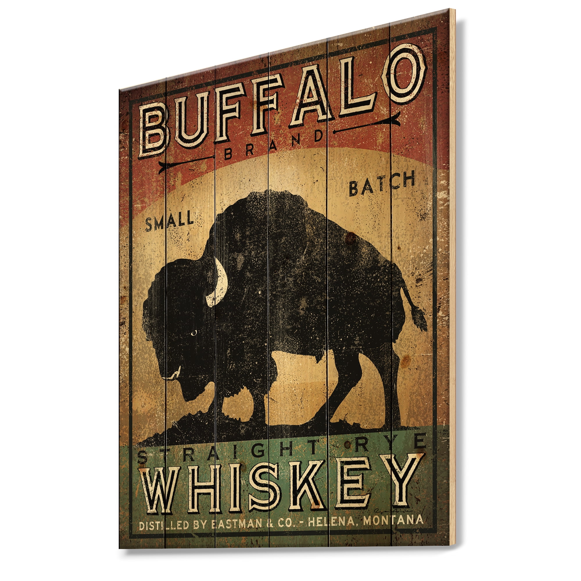 Designart 'Vintage Buffalo Whiskey' Wildlife Print on Natural Pine Wood
