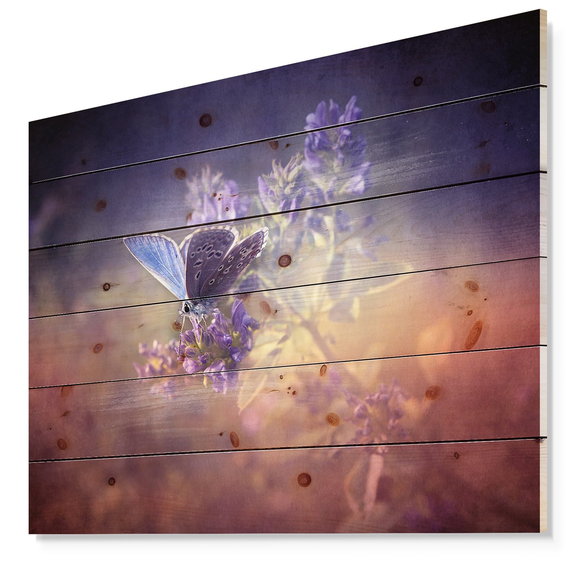 Designart 'Vintage Butterfly' Floral Art Print on Natural Pine Wood