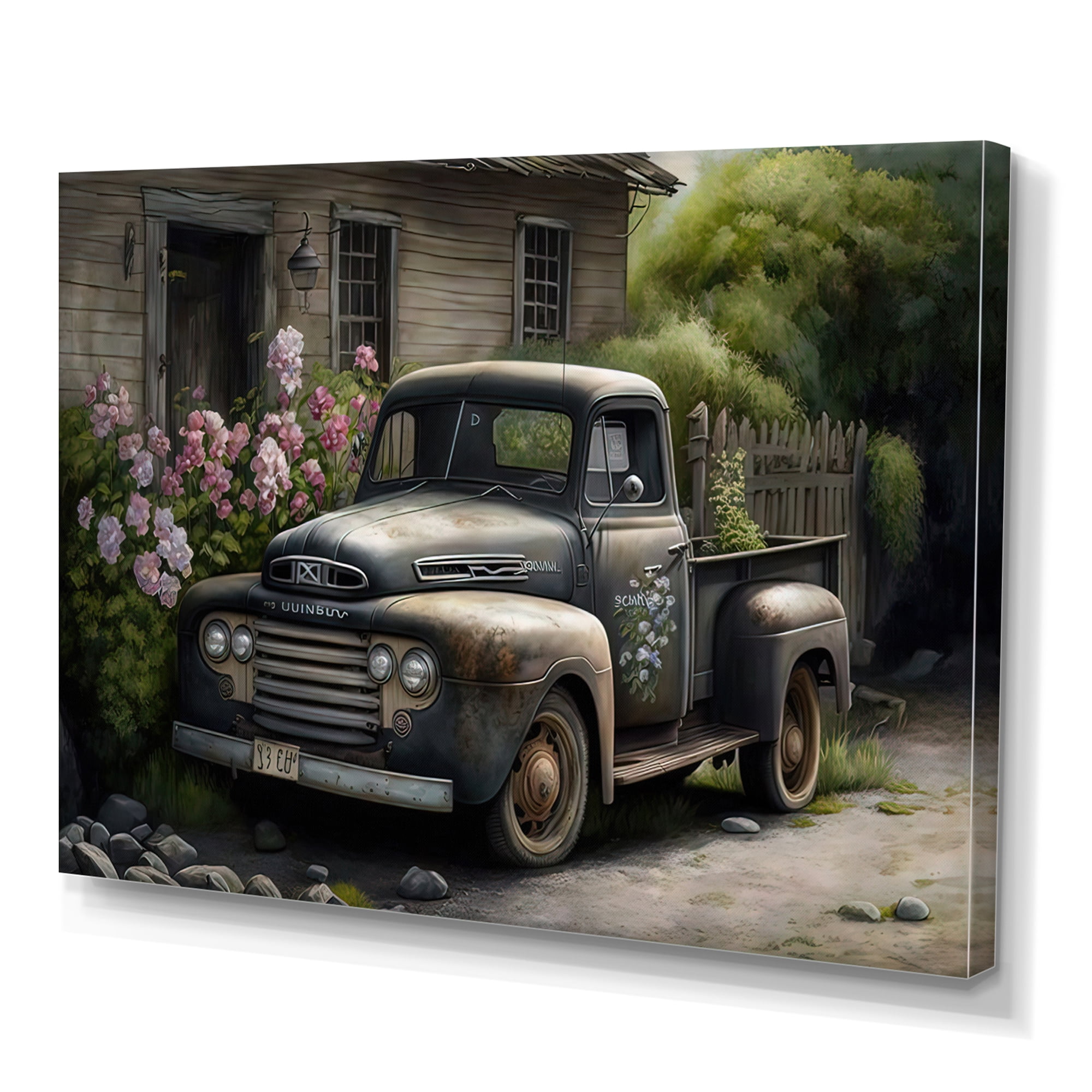 Designart Vintage Car At The Barn Canvas Wall Art