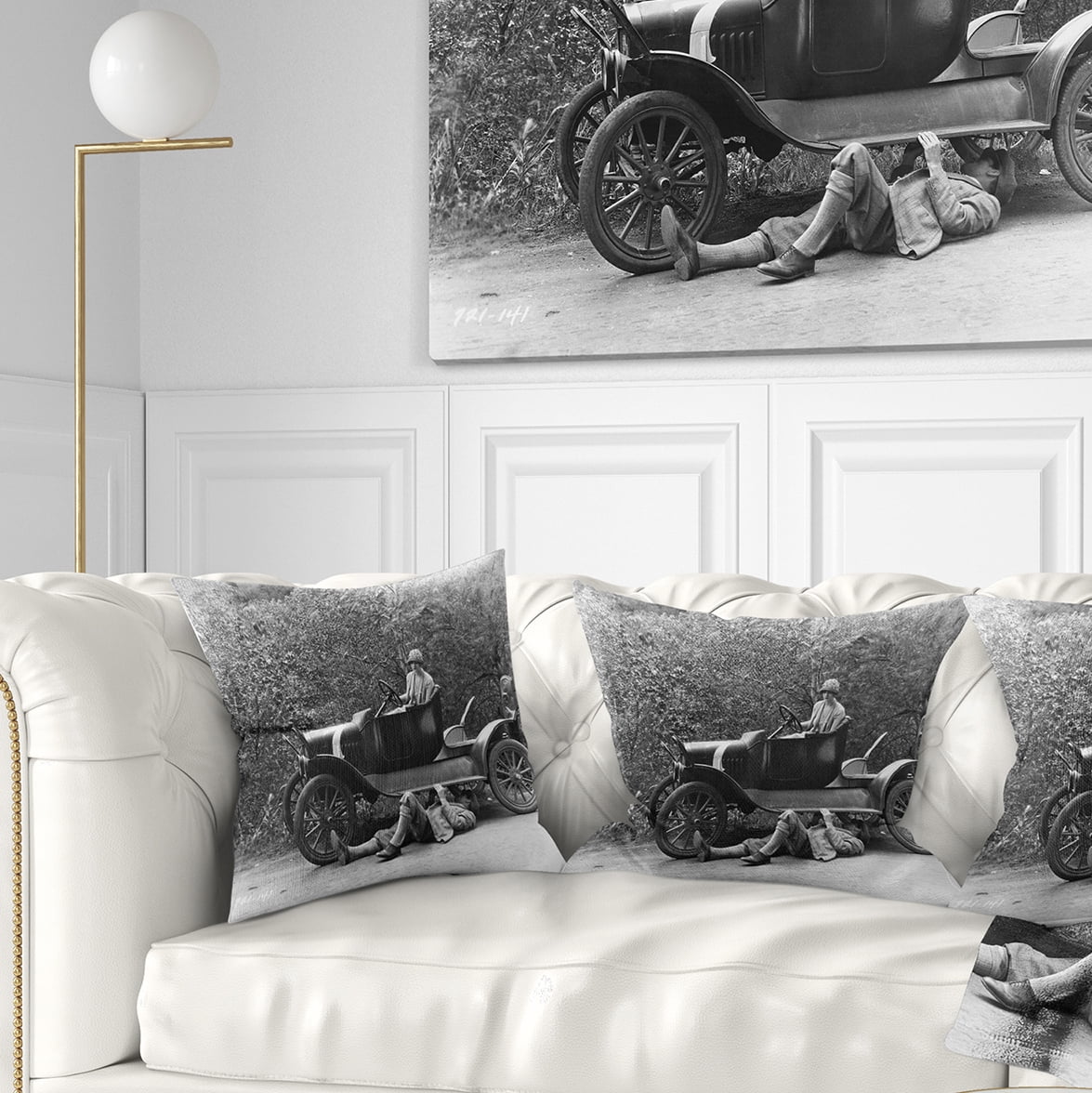 Designart Vintage Car Repair - Car Photography Throw Pillow - 16x16