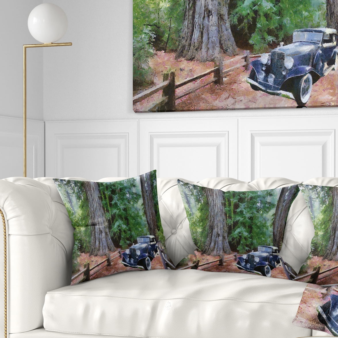 Designart Vintage Car in Forest - Landscape Painting Throw Pillow - 18x18