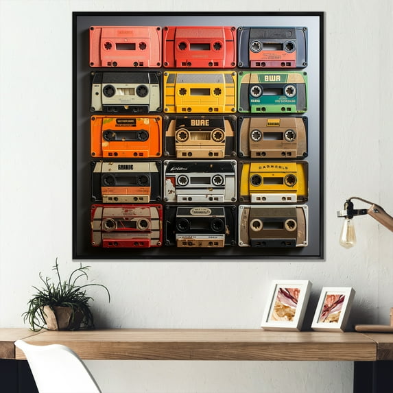 Designart "Vintage Cassette Tape Collage IV" Fashion Framed Wall Art - Colorful Cassette Tapes Hallway Framed Wall Art Decor