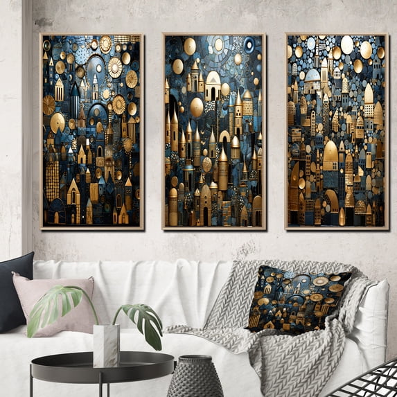 Designart "Vintage Castle Cityscape Gold and Blue III" Abstract Landscape Framed Wall Art Set Of 3 - Gold Abstract Landscapes Frame Gallery Set For Office Decor