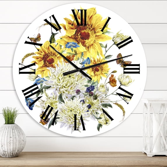 Designart 'Vintage Chrysanthemums And Sunflowers' Traditional Wall Clock
