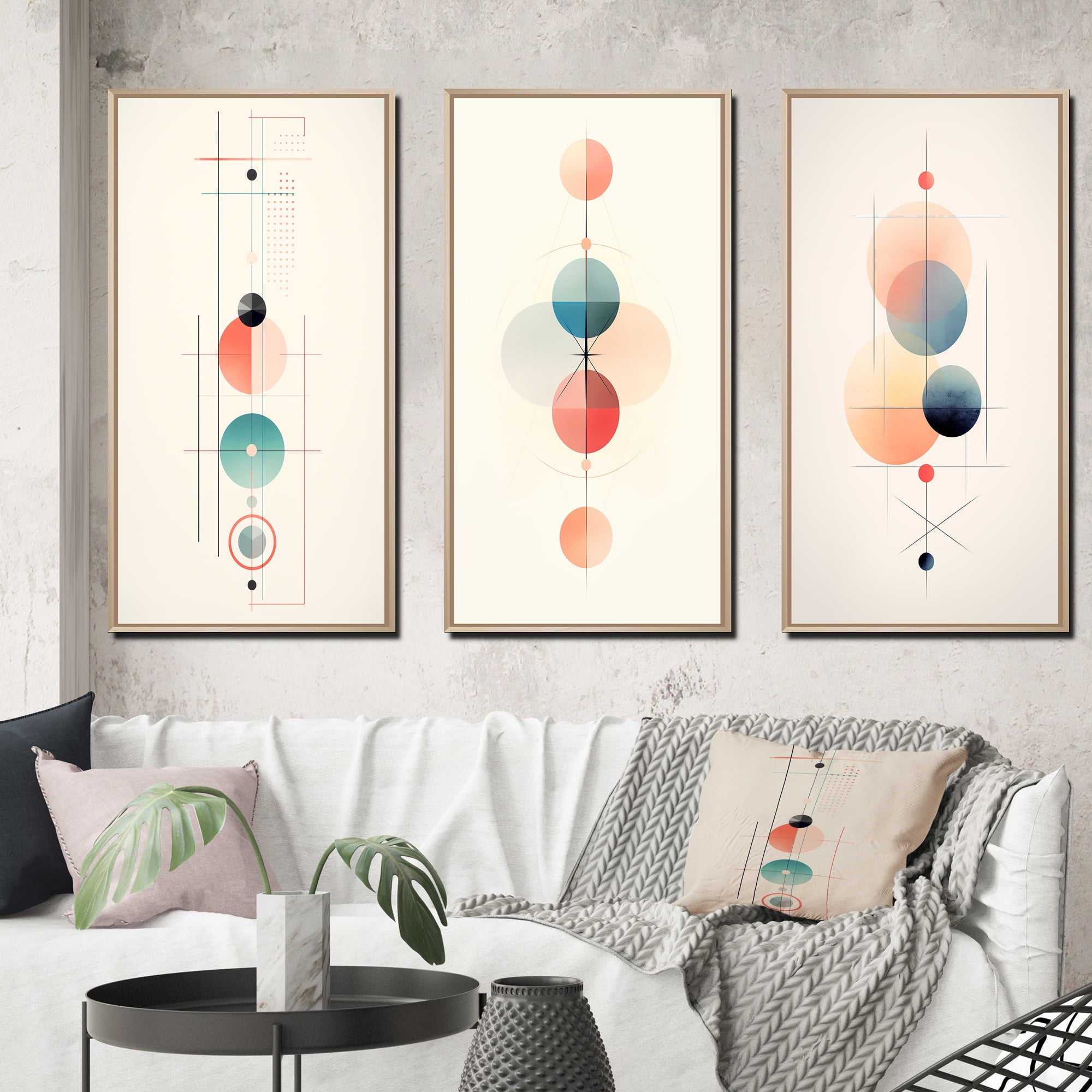 Modern Geometric Abstract Canvas Wall Art Set in Blue and Pink