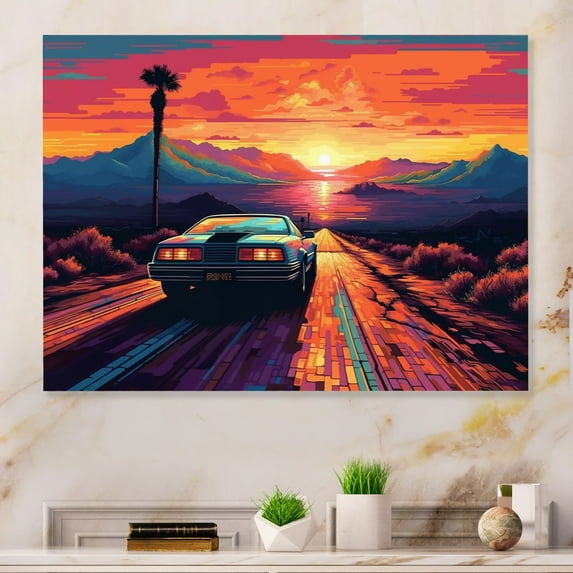 Designart "Vintage Classic Car in Orange and Blue" Retro Car Metal Art Print