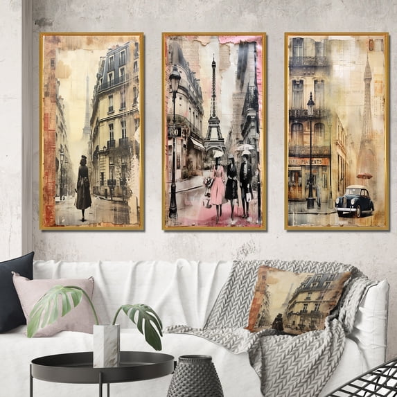 Designart "Vintage Collage Paris Chronicles I" City Paris Framed Wall Art Set Of 3 - Brown Paris Frame Gallery Wall Set For Home Decor