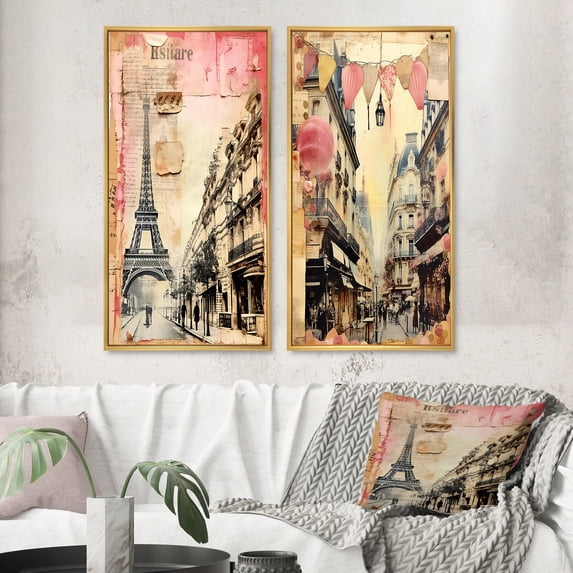 Designart "Vintage Collage Paris Chronicles III" City Paris Framed Wall Art Set Of 2 - Traditional Pink Framed Wall Art Set Of 2
