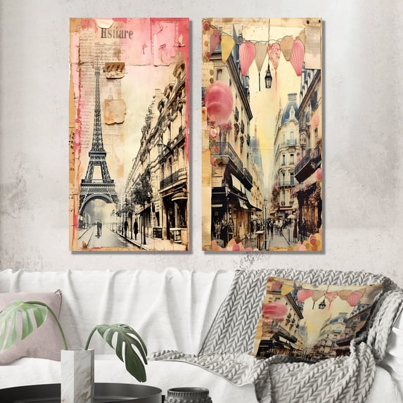 Designart "Vintage Collage Paris Chronicles III" City Paris Wall Art Set Of 2 - Traditional Pink Wall Decor Set Of 2