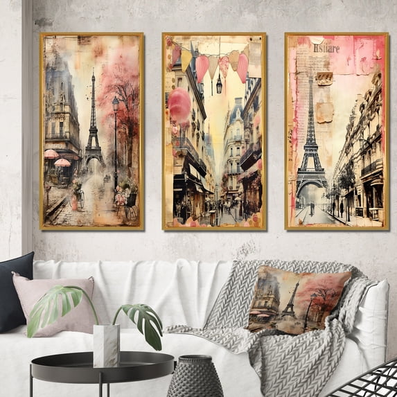 Designart "Vintage Collage Paris Chronicles IV" City Paris Framed Wall Art Set Of 3 - Pink Paris Frame Canvas Set For Living Room Decor