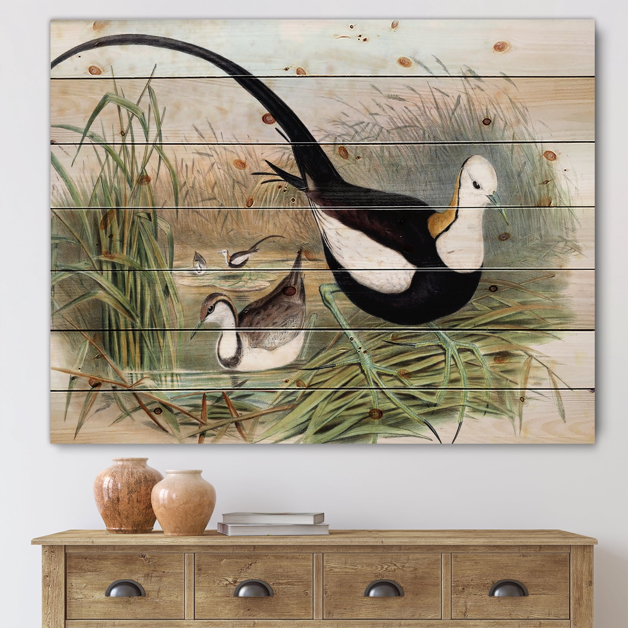 Designart 'Vintage Countryside Birds In Lake' Farmhouse Print on Natural Pine Wood