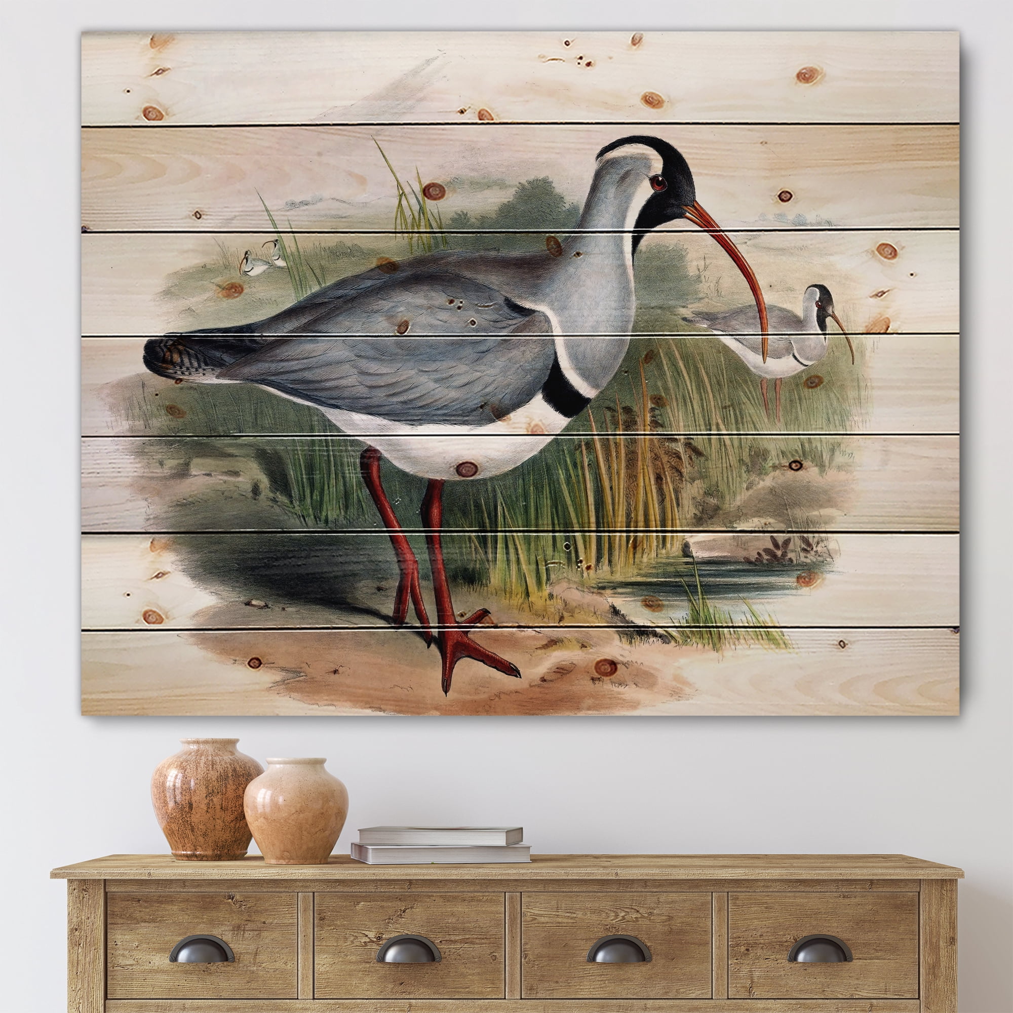 Designart 'Vintage Countryside Birds In Wild' Farmhouse Print on Natural Pine Wood